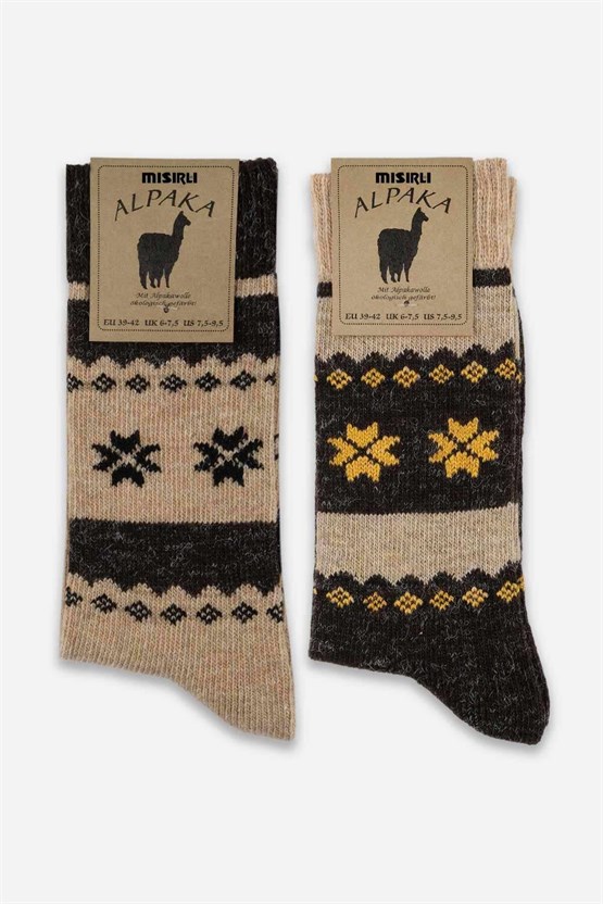 Mısırlı Erkek Alpaka Yünü Kışlık 2 Çift Soket Çorap Bej/Kahverengi