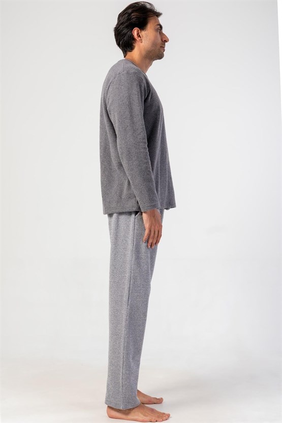Mısırlı Erkek İnterlok Mikro Desenli Uzun Kollu Pijama Takımı Gri