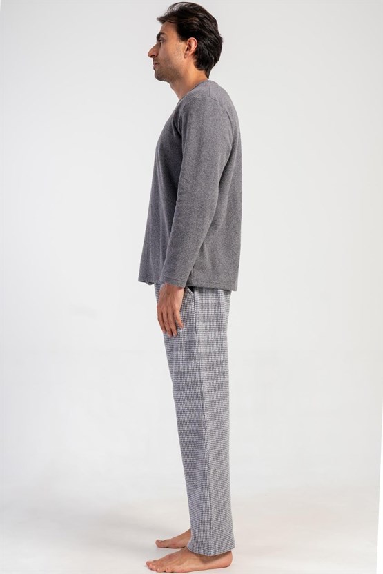 Mısırlı Erkek İnterlok Mikro Desenli Uzun Kollu Pijama Takımı Gri
