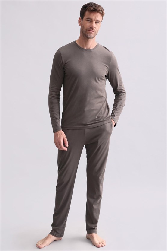 Mısırlı Erkek Modal & Pamuk Karışımlı Uzun Kollu Pijama Takımı Kahverengi