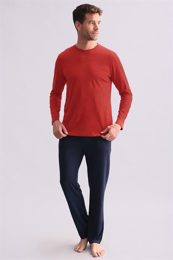 Mısırlı Erkek Modal & Pamuk Karışımlı Uzun Kollu Pijama Takımı Kırmızı