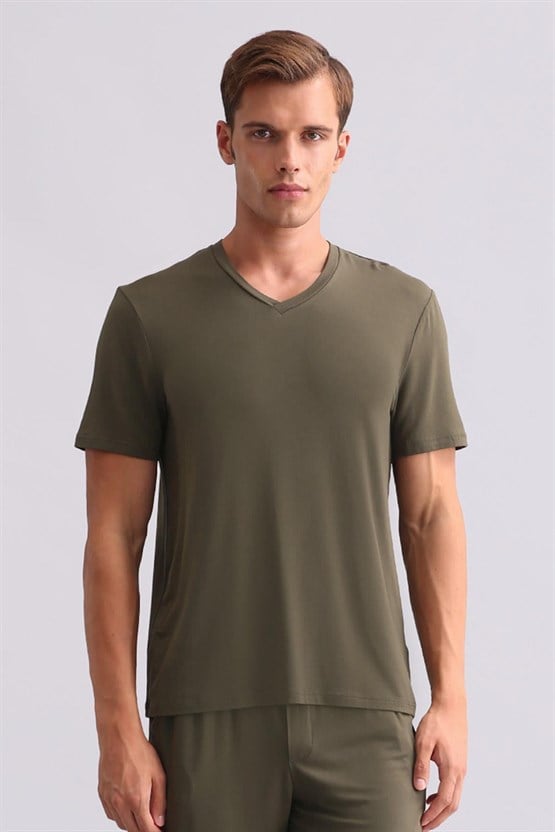 Mısırlı Erkek Modal V Yaka Tişört Haki