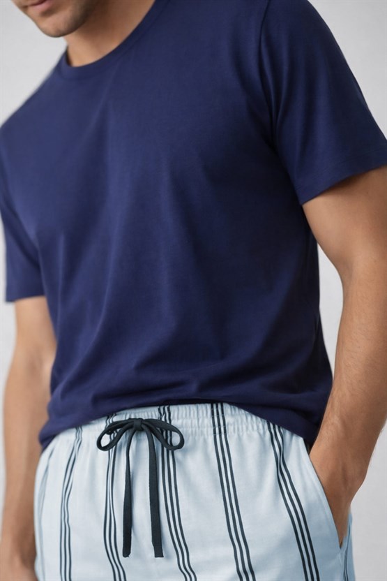 Mısırlı Erkek Pamuklu Bisiklet Yaka Çizgili Pijama Takım Lacivert/Mavi