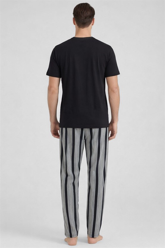 Mısırlı Erkek Pamuklu Bisiklet Yaka Çizgili Pijama Takım Siyah