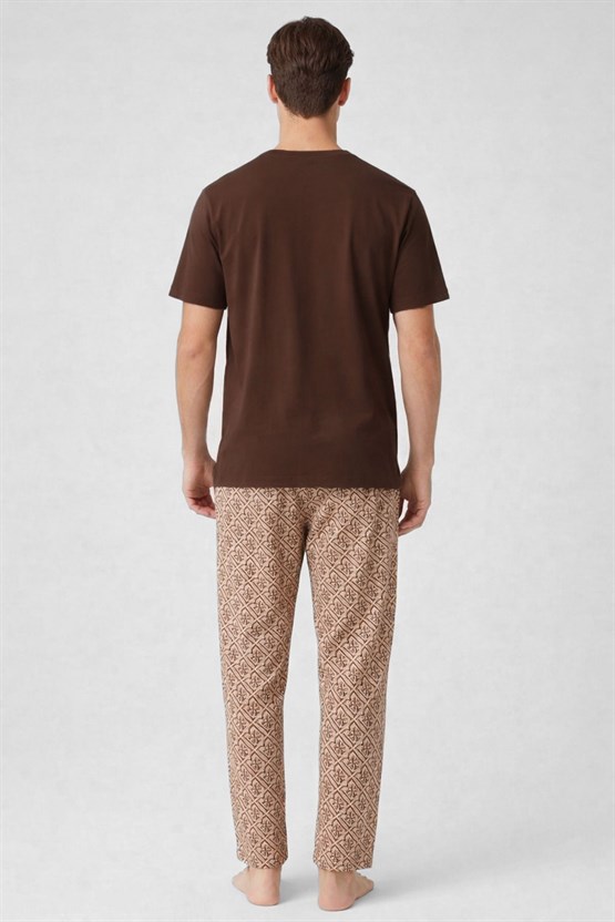 Mısırlı Erkek Pamuklu Bisiklet Yaka Düğmeli Pijama Takım Kahve/Bej
