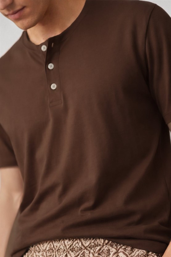 Mısırlı Erkek Pamuklu Bisiklet Yaka Düğmeli Pijama Takım Kahve/Bej