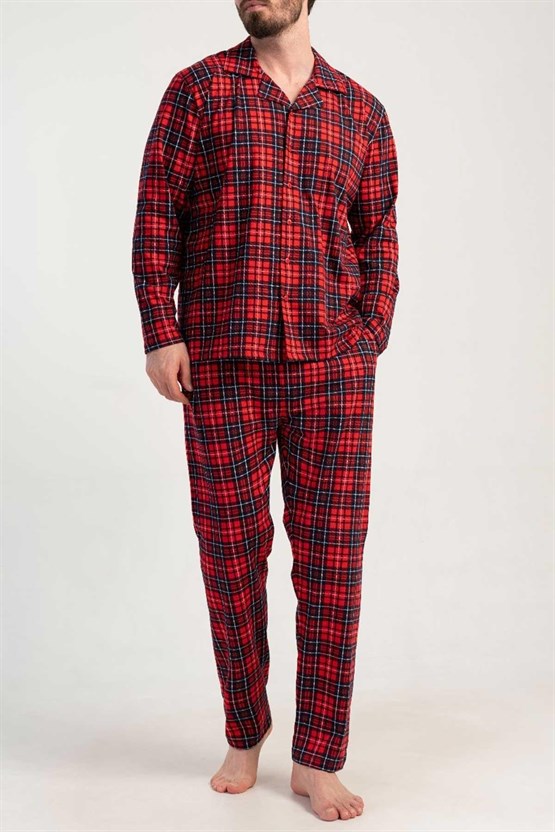Mısırlı Erkek Pamuklu Ekoseli Uzun Kollu Gömlek Pijama Takımı Kırmızı