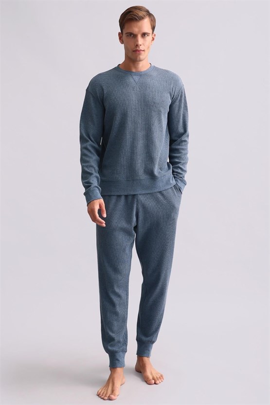 Mısırlı Erkek Pamuklu Uzun Kollu Pijama Takımı İndigo