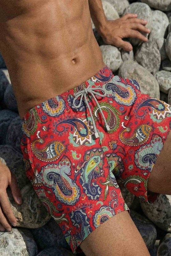 Mısırlı Erkek Şal Desen Deniz Şort Nar Çiçeği