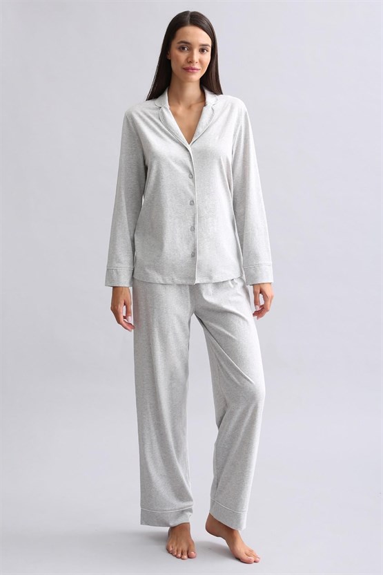 Mısırlı Kadın %100 Pamuk Pijama Takımı Gri Melanj