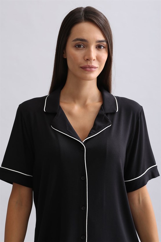 Mısırlı Kadın Bambu Kısa Kol Pijama Üst Siyah