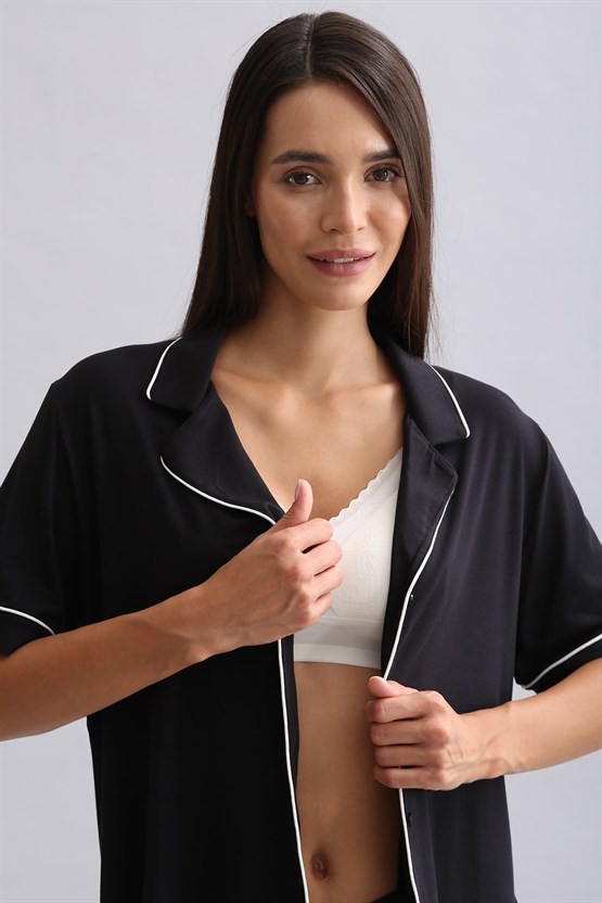 Mısırlı Kadın Bambu Kısa Kol Pijama Üst Siyah