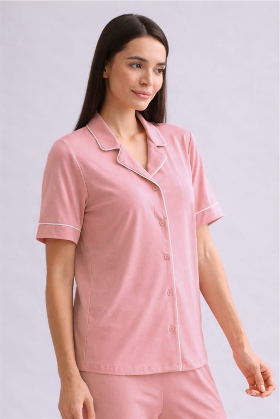 Mısırlı Kadın Bambu Kısa Kol Pijama Üst Toz Pembe