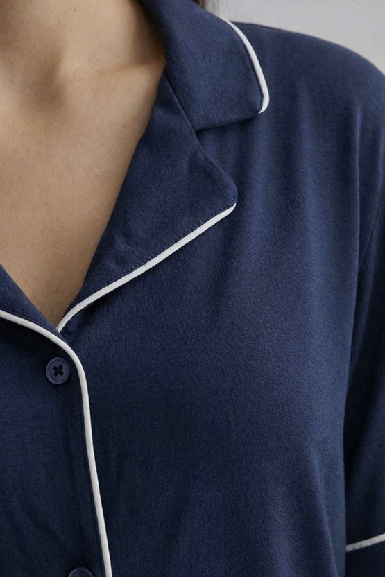 Mısırlı Kadın Bambu Kısa Kol Pijama Üst Lacivert