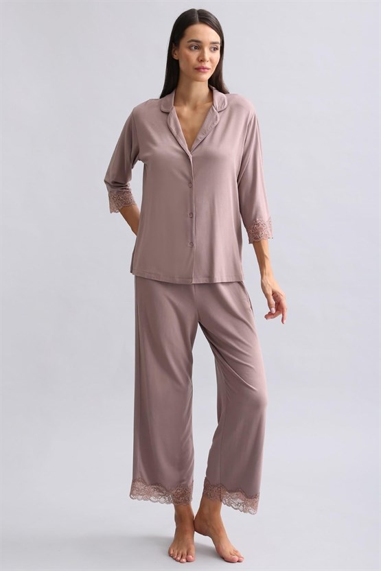 Mısırlı Kadın Bambu Pijama Takımı Kahverengi
