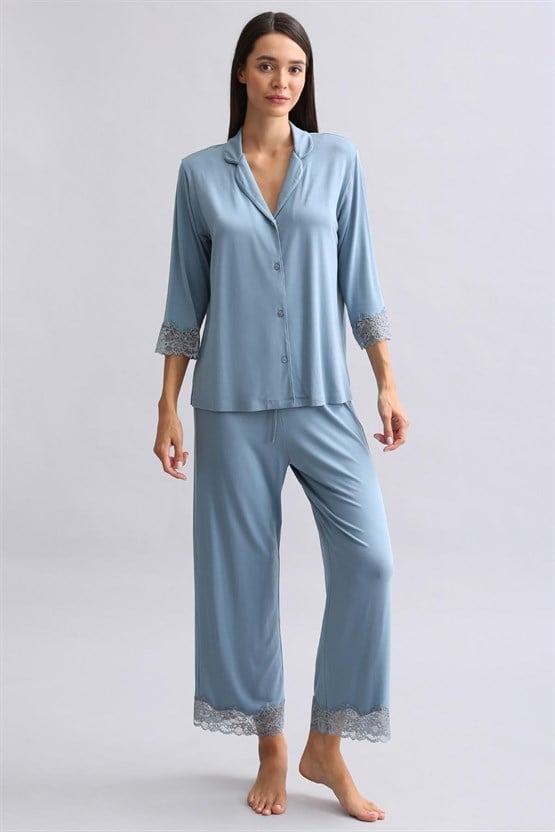 Mısırlı Kadın Bambu Pijama Takımı Petrol Mavi