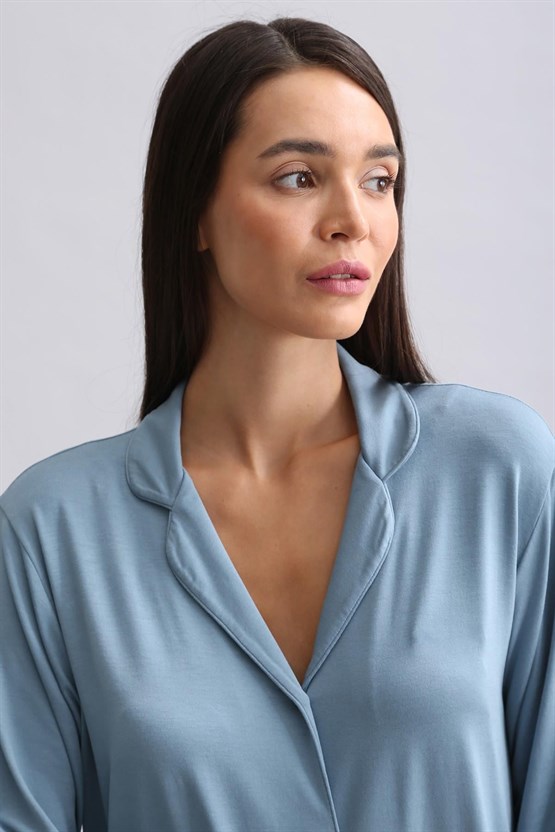 Mısırlı Kadın Bambu Pijama Takımı Petrol Mavi