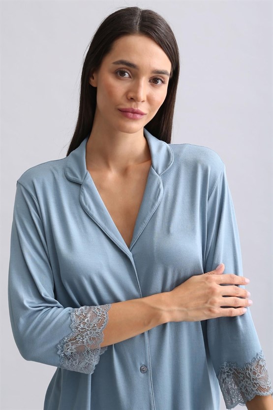 Mısırlı Kadın Bambu Pijama Takımı Petrol Mavi