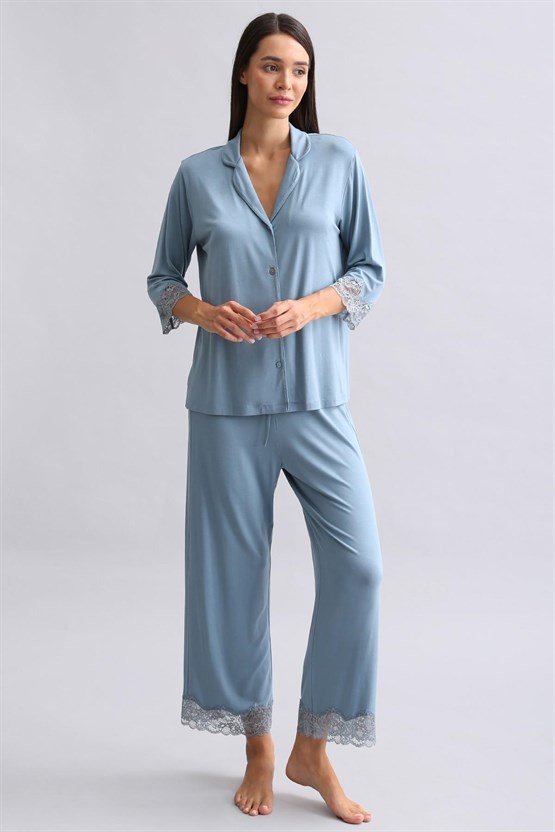 Mısırlı Kadın Bambu Pijama Takımı Petrol Mavi