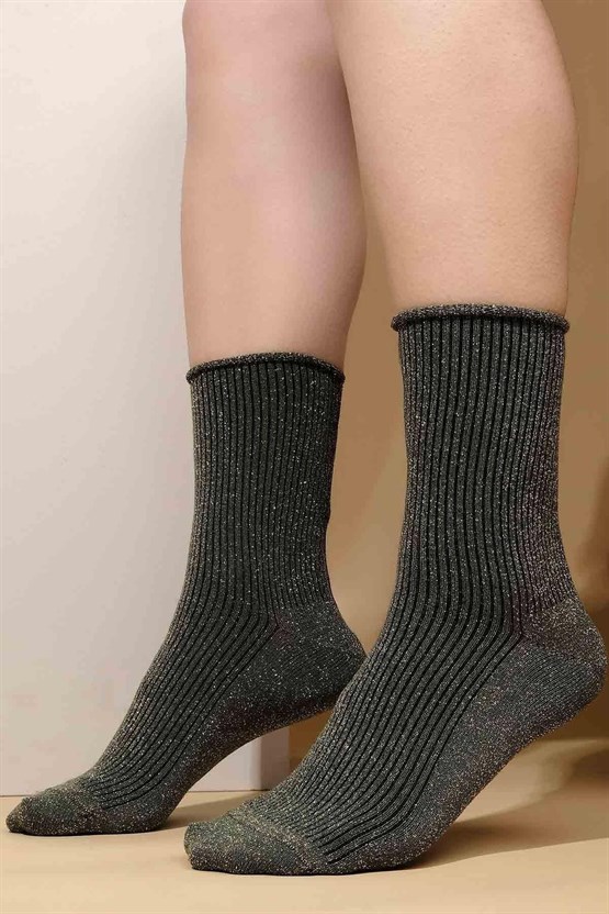 Mısırlı Kadın Bambu Simli Lastikli Soket Çorap Siyah