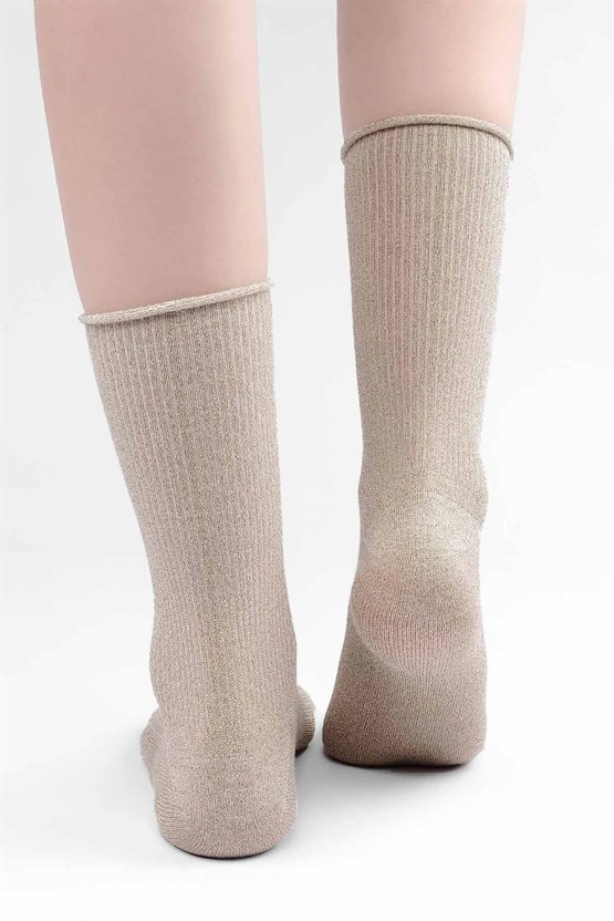 Mısırlı Kadın Bambu Simli Soket Çorap Bej
