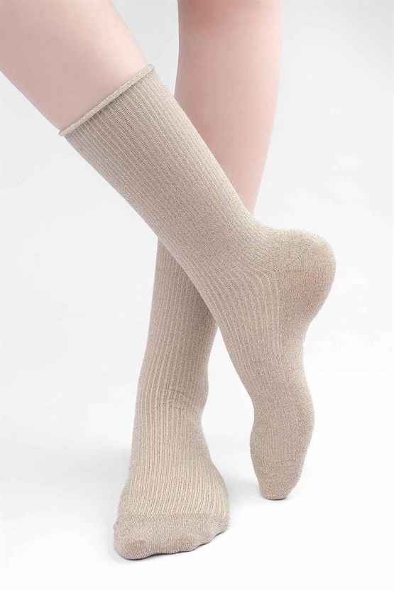 Mısırlı Kadın Bambu Simli Soket Çorap Bej