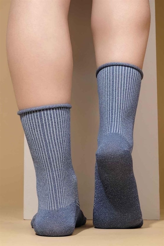 Mısırlı Kadın Bambu Simli Soket Çorap Mavi