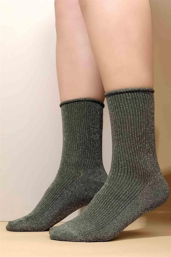 Mısırlı Kadın Bambu Simli Soket Çorap Yeşil