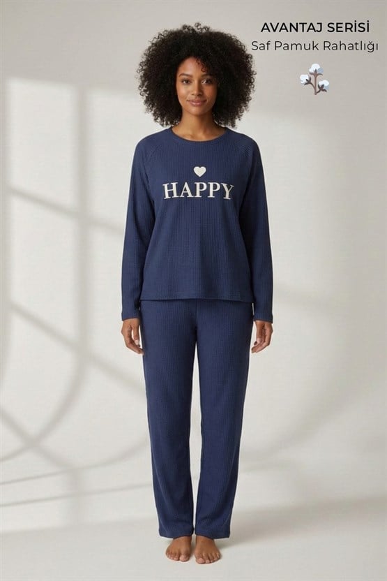 Mısırlı Kadın Gofre Kumaş Pijama Takım Lacivert