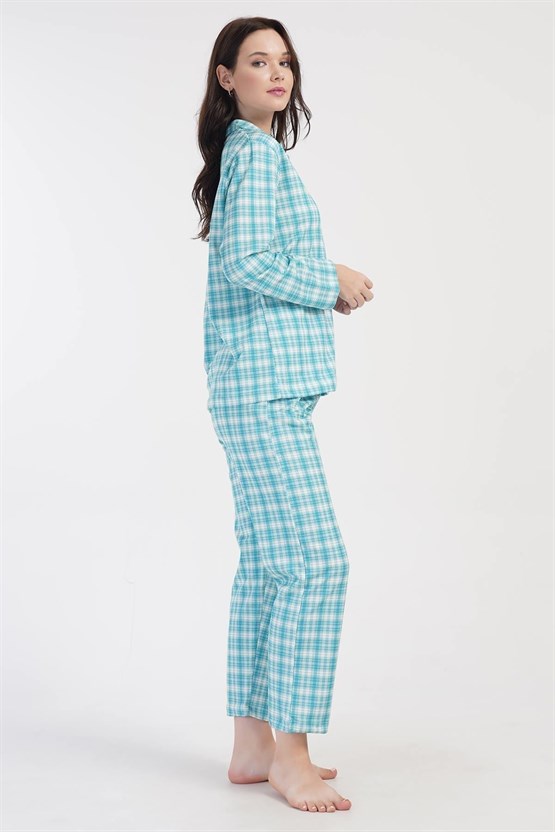 Mısırlı Kadın İki İplik Pamuklu Ekoseli Uzun Kollu Gömlek Pijama Takımı Mavi