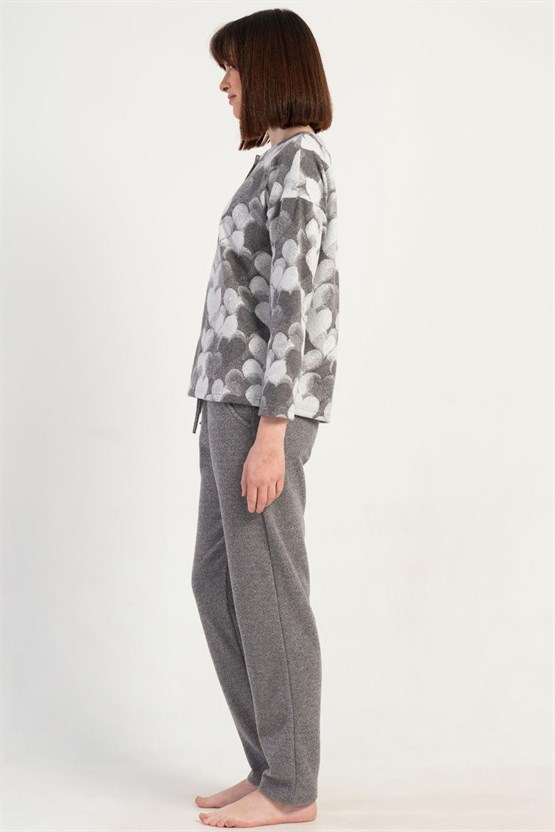 Mısırlı Kadın İnterlok Kalp Desenli Uzun Kollu Pijama Takımı Gri Melanj