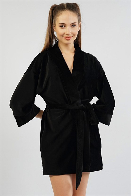 Mısırlı Kadın Kadife Sabahlık Siyah