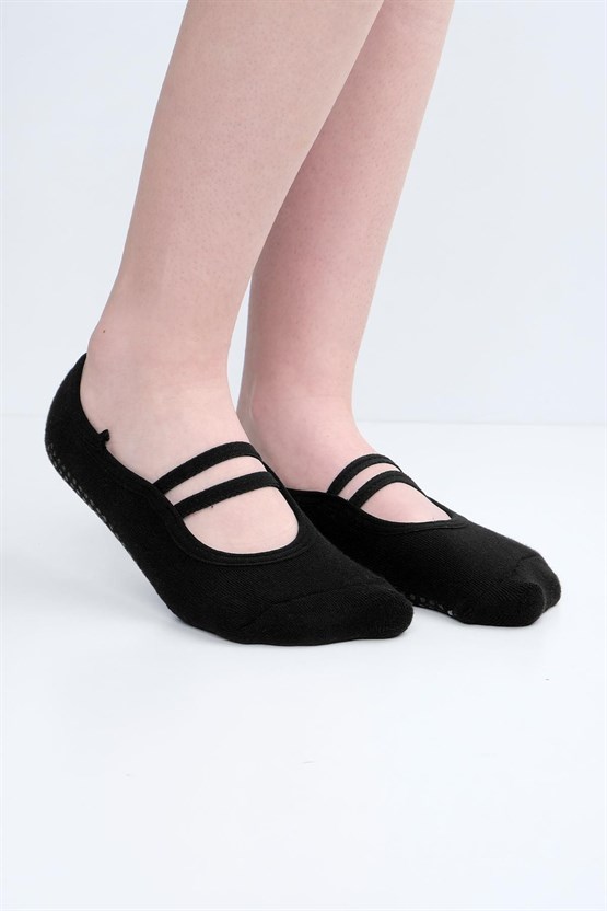 Mısırlı Kadın Kaydırmaz 2 Çift Üstü Lastikli Pilates ve Yoga Çorabı Siyah