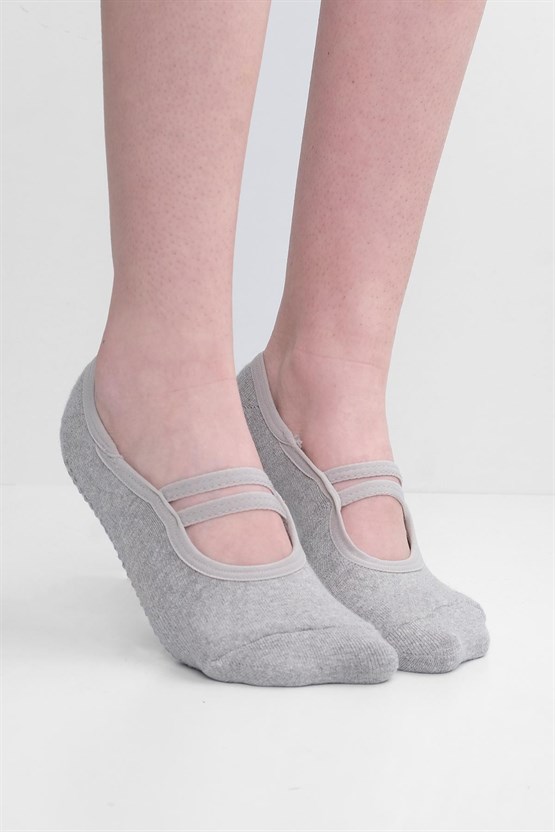 Mısırlı Kadın Kaydırmaz 2 Çift Üstü Lastikli Pilates ve Yoga Çorabı Gri