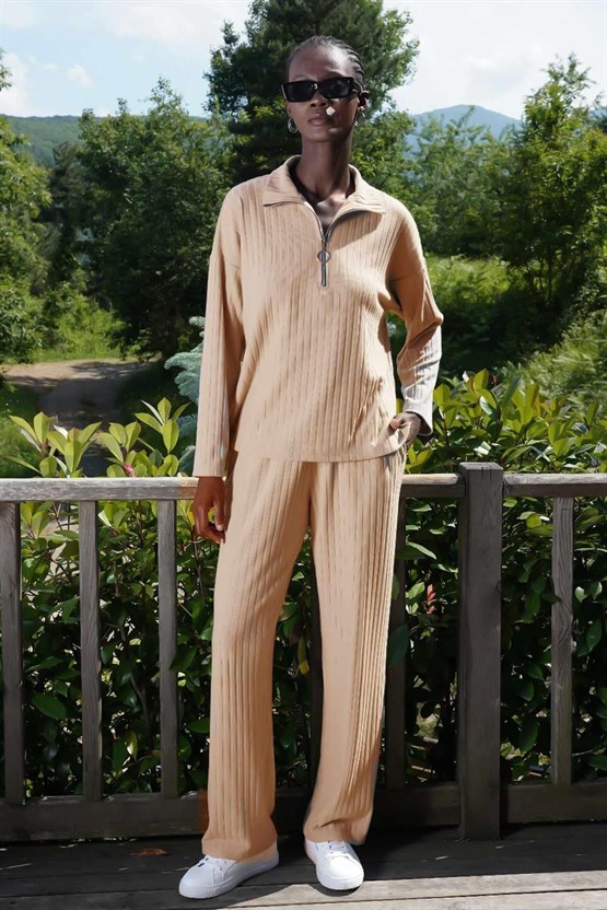 Mısırlı Kadın Likralı Viskon Fitilli Eşofman Takımı Bej