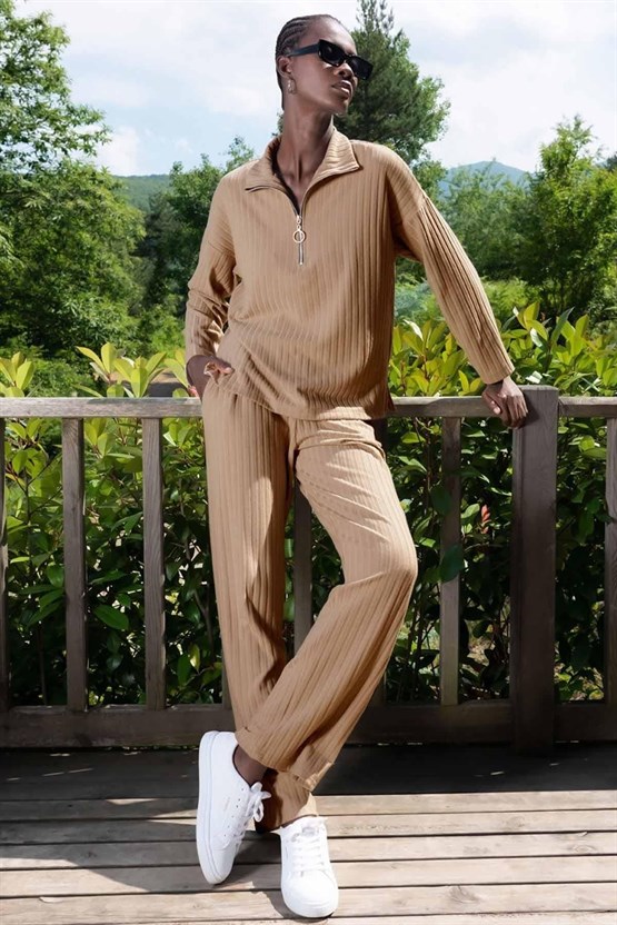 Mısırlı Kadın Likralı Viskon Fitilli Eşofman Takımı Bej