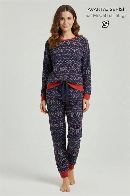 Mısırlı Kadın Modal Desenli Pijama Takım Lacivert