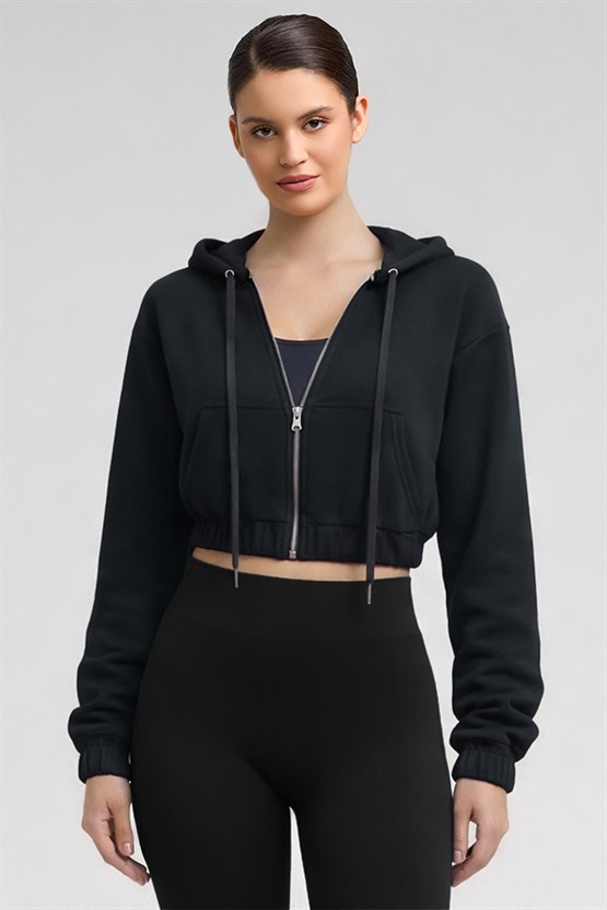 Mısırlı Kadın Modal Fermuarlı Crop Sweatshirt Atrasit