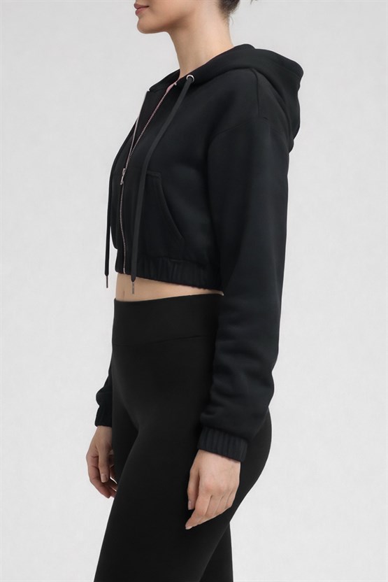 Mısırlı Kadın Modal Fermuarlı Crop Sweatshirt Atrasit