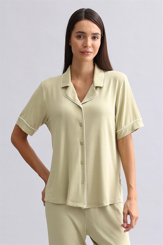 Mısırlı Kadın Modal Kısa Kollu Gömlek Adaçayı Yeşili