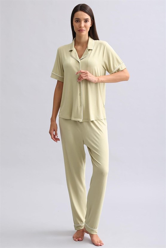 Mısırlı Kadın Modal Kısa Kollu Gömlek Adaçayı Yeşili