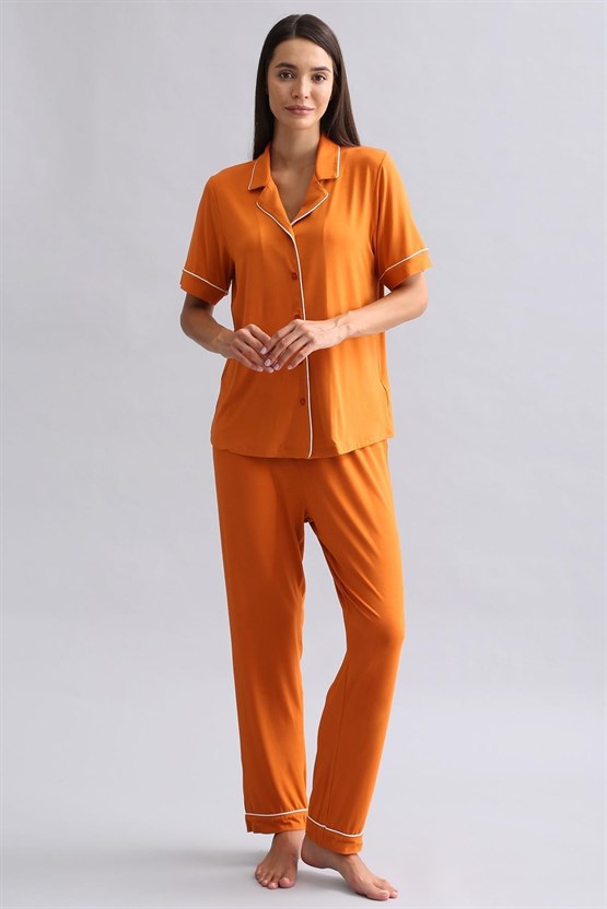 Mısırlı Kadın Modal Kısa Kollu Gömlek Pas Kırmızı