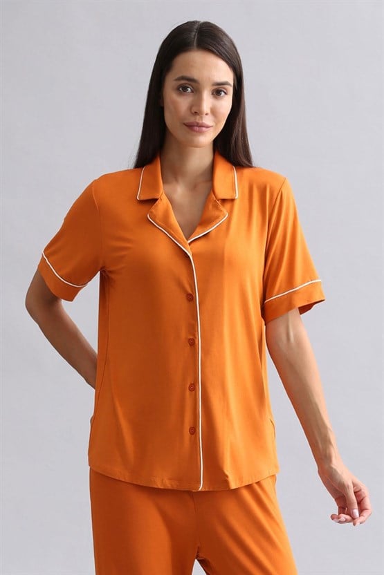 Mısırlı Kadın Modal Kısa Kollu Gömlek Pas Kırmızı