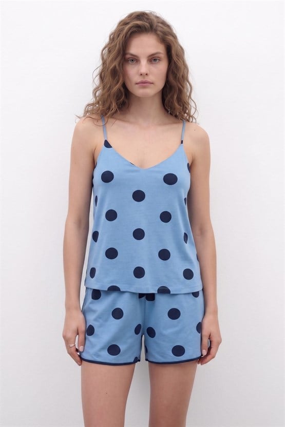 Mısırlı Kadın Modal Puantiyeli Askılı Şort İkili Takım Bebe Mavisi