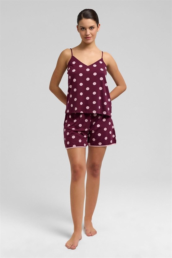Mısırlı Kadın Modal Puantiyeli İp Askılı Şort Takımı Bordo