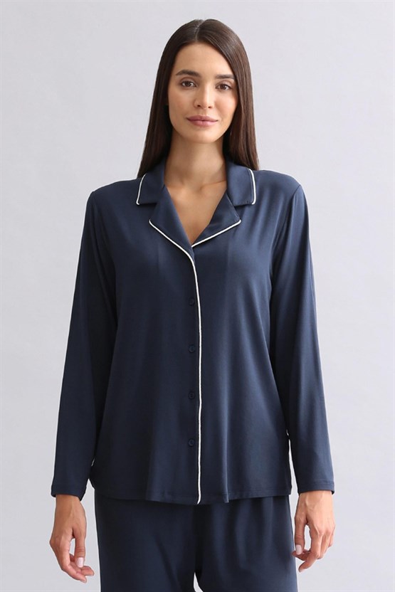 Mısırlı Kadın Modal Uzun Kollu Gömlek Gece Mavisi