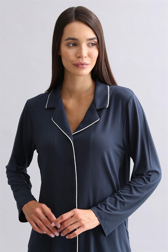 Mısırlı Kadın Modal Uzun Kollu Gömlek Gece Mavisi