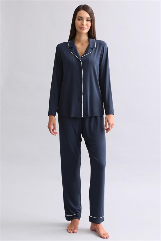 Mısırlı Kadın Modal Uzun Kollu Gömlek Gece Mavisi