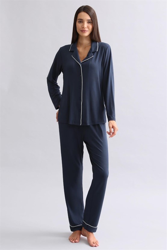 Mısırlı Kadın Modal Uzun Kollu Gömlek Gece Mavisi