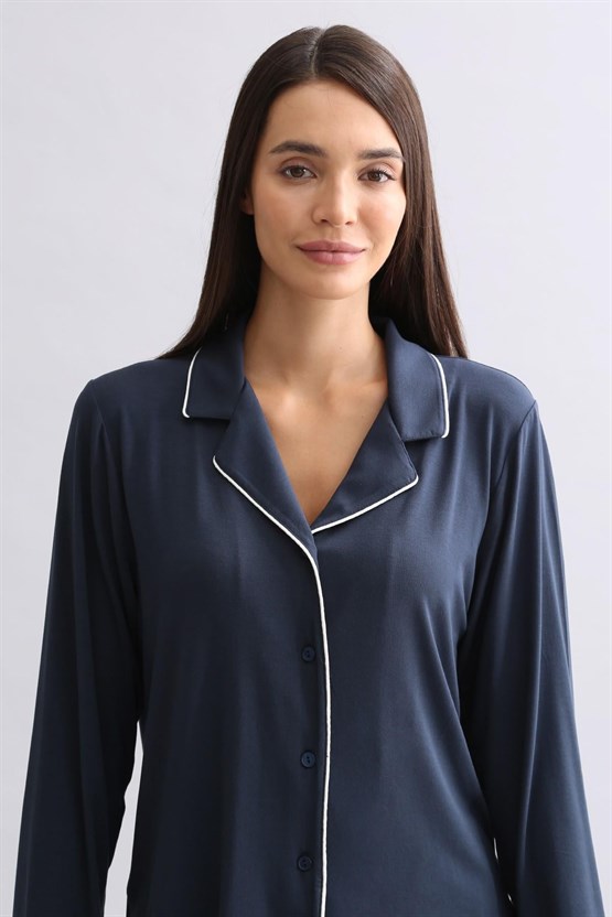 Mısırlı Kadın Modal Uzun Kollu Gömlek Gece Mavisi